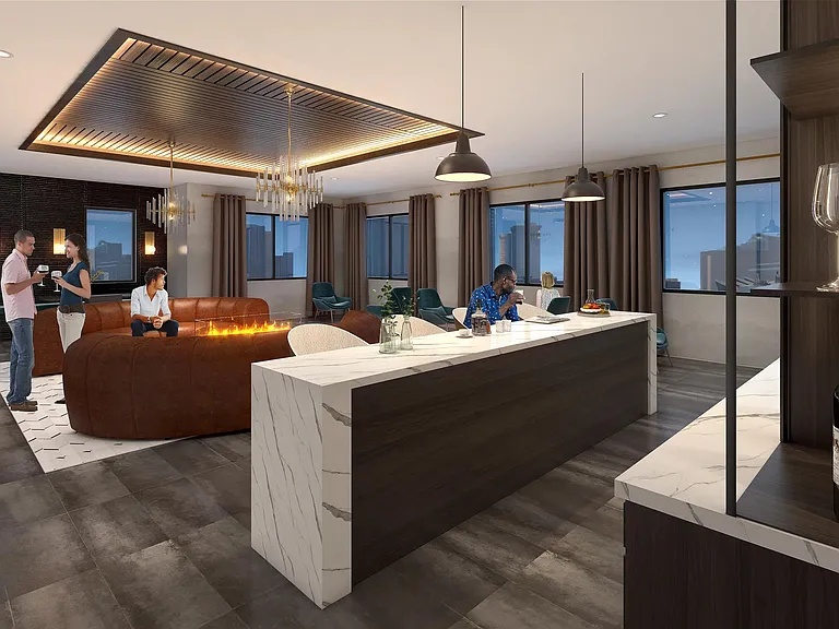 8th-floor sky lounge with gathering space, bar area, and sweeping views at Modera Encore apartments in Tampa.