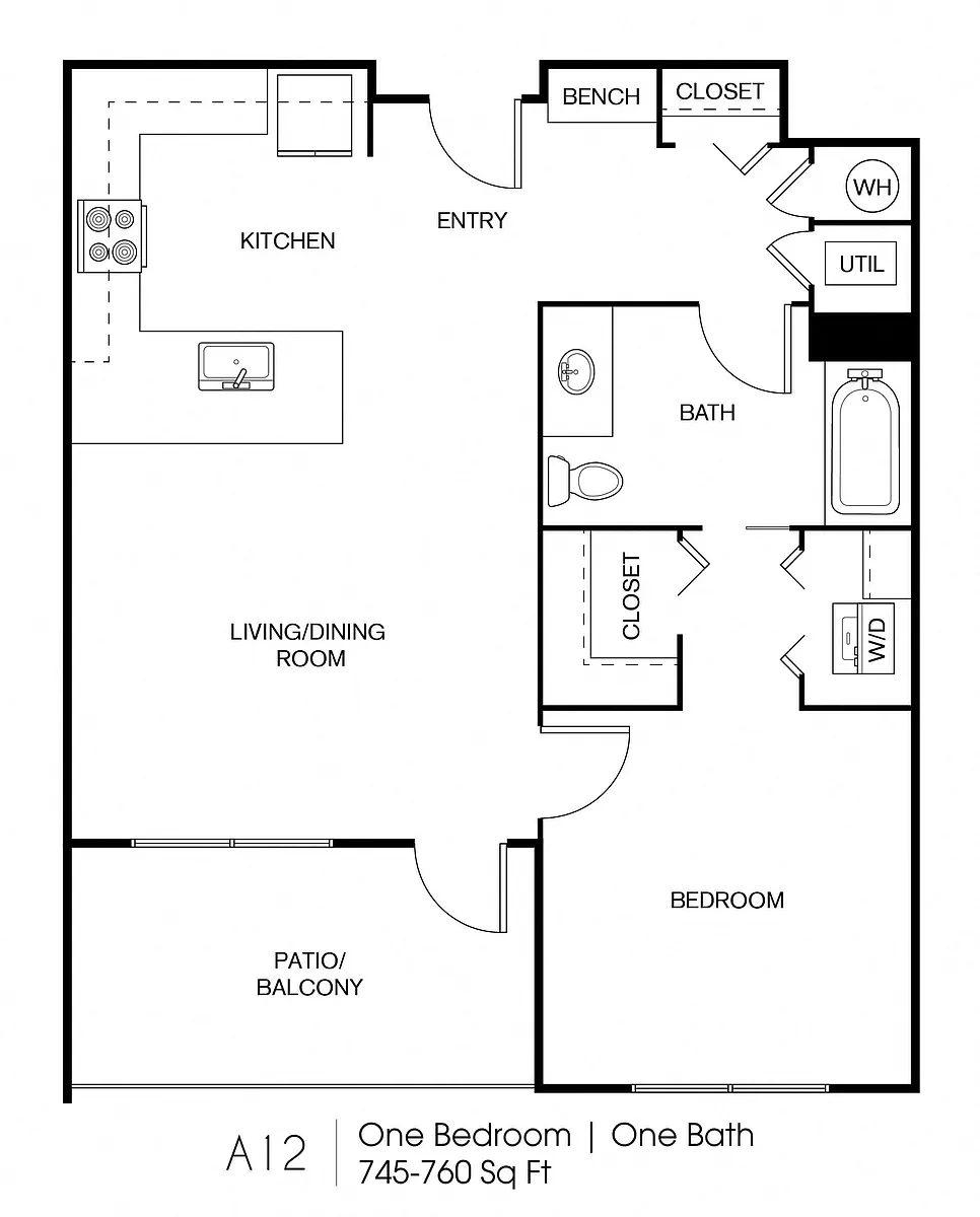 Floor plan A12: 1 Bed 1 Bath