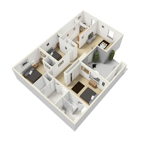 Floor plan Three Bedroom Two Bath - 1055 Sq Ft
