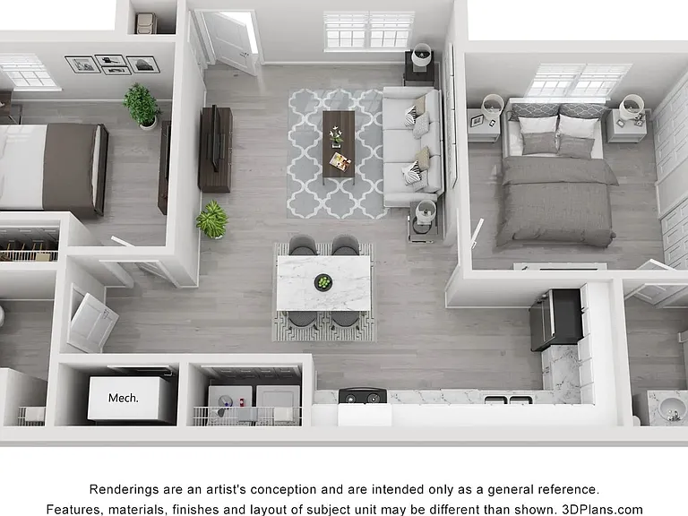 A 3D rendering of The Amick, our 2 bedroom 2 bathroom floor plan