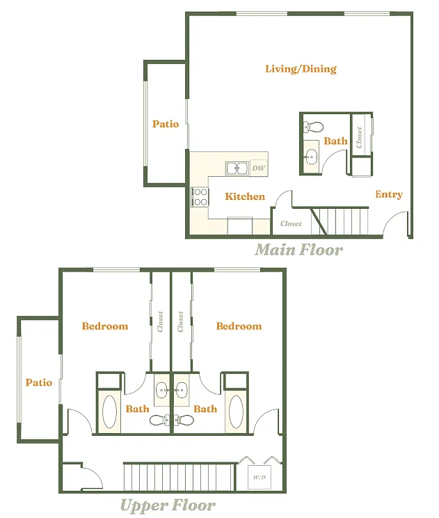 Floor plan 2 Bedroom 2.5 Bath Townhome (A)