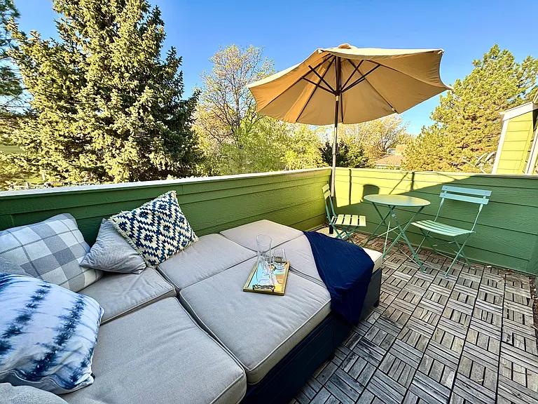 View from balcony with pool below