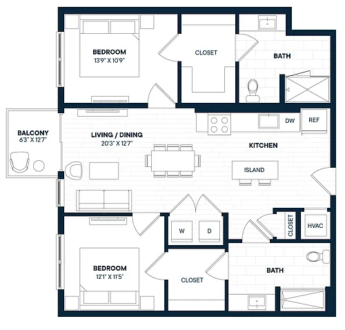 Floor plan 2 Bed 2 Bath-B2a-C