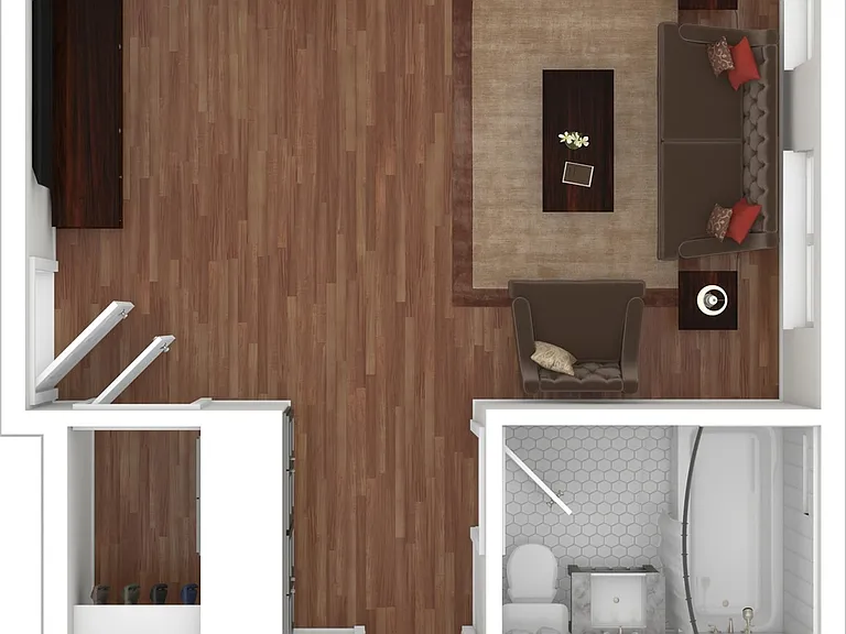 3D Furnished Rendering of 1-Bedroom Floor Plan 3D Furnished Rendering of 1-Bedroom Floor Plan