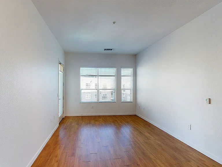 Apartment living room with wood-style flooring.