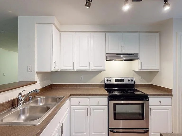 Apartment kitchen with stainless steel appliances in select homes and wood-style flooring.