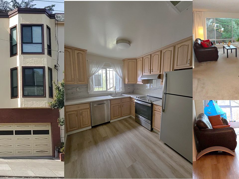 Collage with outside (left), kitchen (middle), and previous living room setups (right)