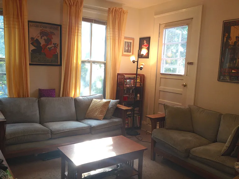 Living room with door to deck