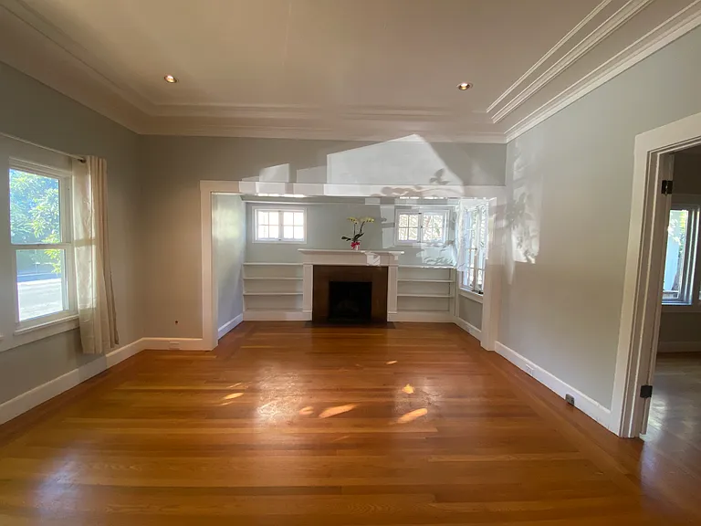 Oversized living room with built-in shelves