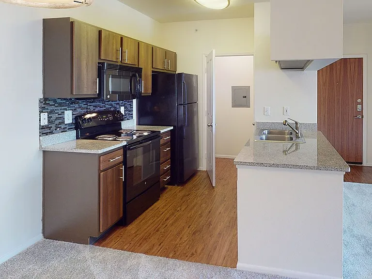 Apartment kitchen with wood-style flooring.