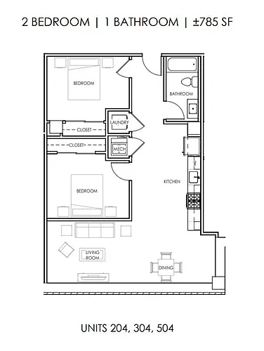 Floor plan Two Bedroom One Bath Deluxe