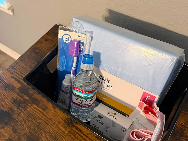 welcome kit includes new bedsheets and basic necessities to feel at home