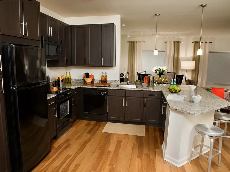 Classic Package kitchen with espresso cabinetry, beige speckled granite countertops, white tile backsplash, black appliances, and hard surface flooring