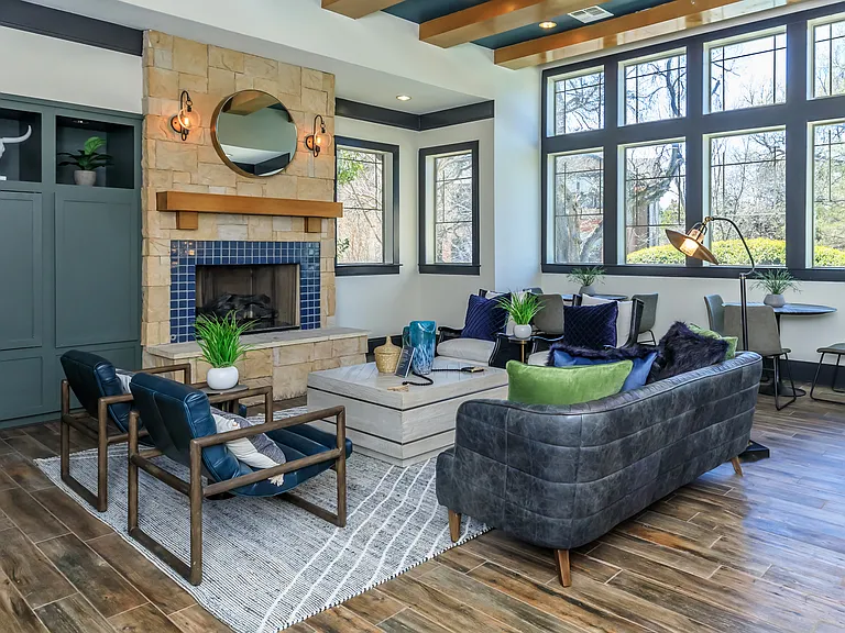 Spacious clubhouse with Fireplace at The Woods of Five Mile Creek in Dallas, TX