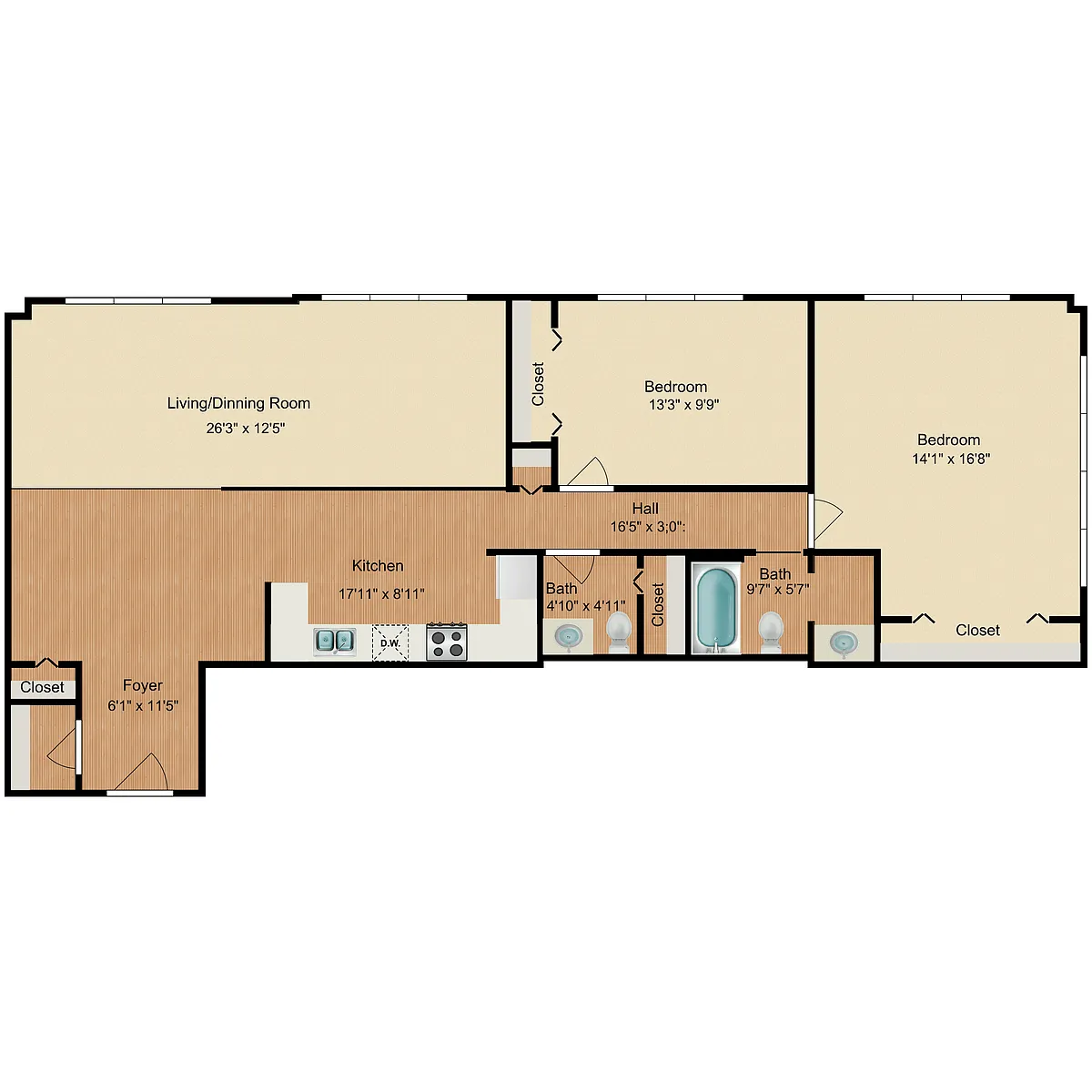 Floor plan 2 Bed 1.5 Bath B