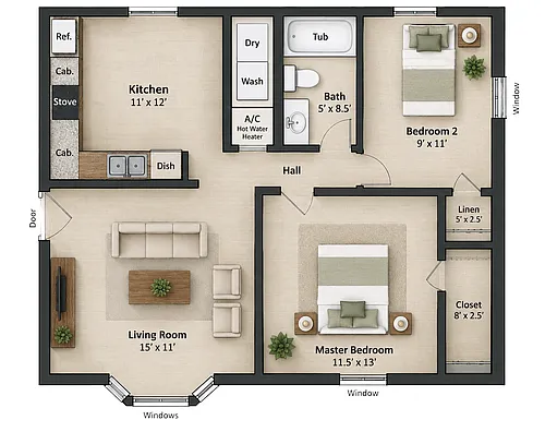 Floor plan 2Bed-1Bath