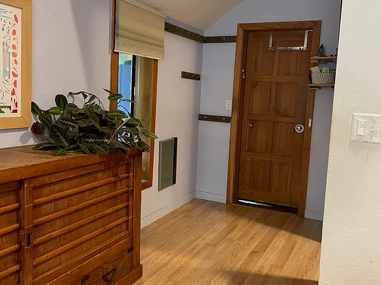 primary bedroom with door leading to front room. Walk in closet to the right.