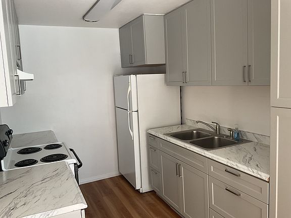 View of kitchen from dining nook.
Recently updated cabinetry with ample storage.
A good amount of counter space.
Deep double sink with sprayer.
Refrigerator with freezer.
Stove with oven.
Appliances are electric.