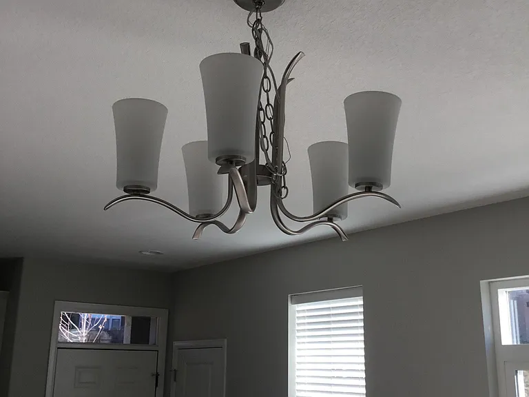 Dining room fixture is fastened up for now (so you don't bump your head (no table under it yet!)