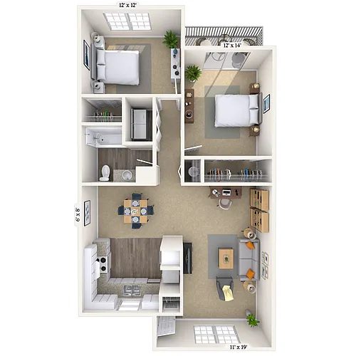Floor plan 2BR 1BA (950 SF)