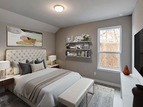 Secondary bathroom with plush carpet, neutral paint and a large window.