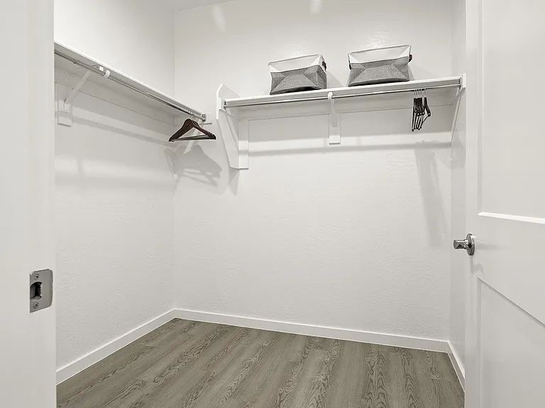 Large walk-in closets with wooden floors