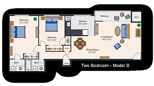 Floor plan 2 Bedroom 1.5 Bath Type B