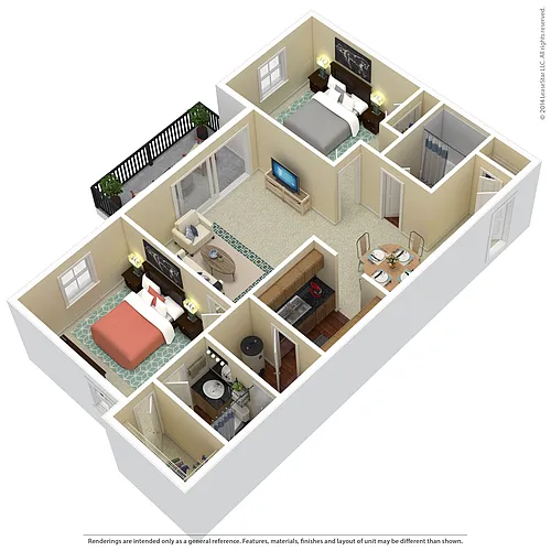 Floor plan Two Bed, Two Bath w/ Balcony