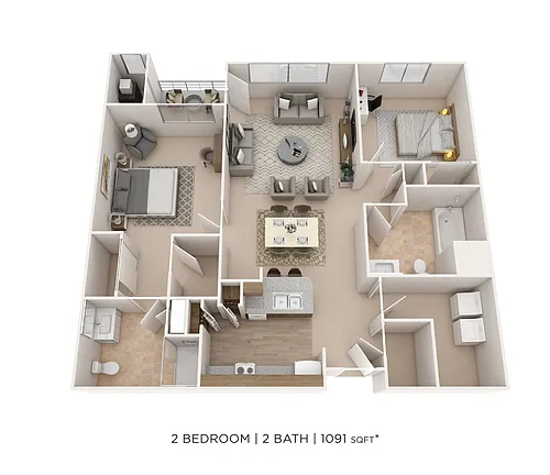 Floor plan Two Bedroom 2 Bath- 1,091 sqft