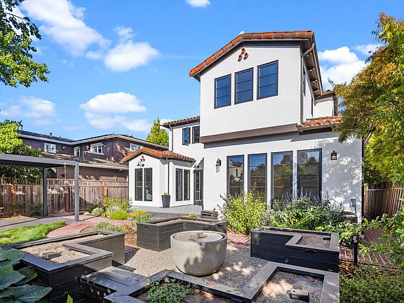 Backyard fountain and raised vegetable beds