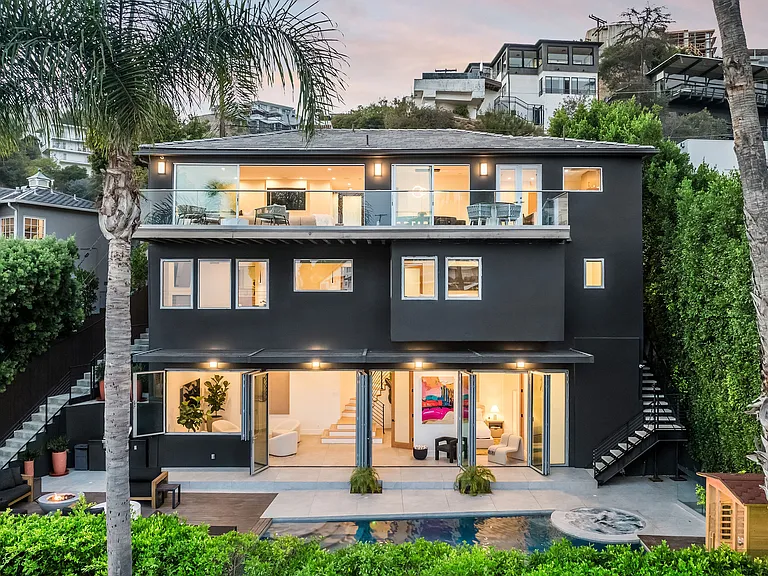 Striking modern facade of LA Reserve perched above Sunset Plaza.