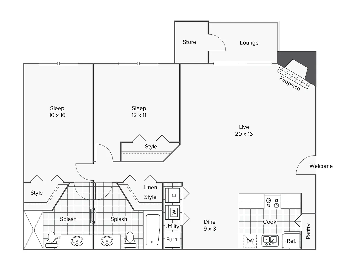 Floor plan 2 Bed 2 Bath Washer Dryer