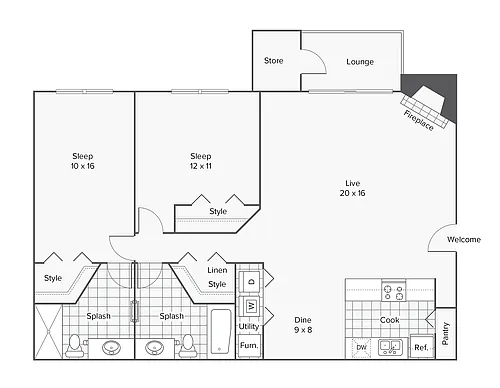 Floor plan 2 Bed 2 Bath Washer Dryer