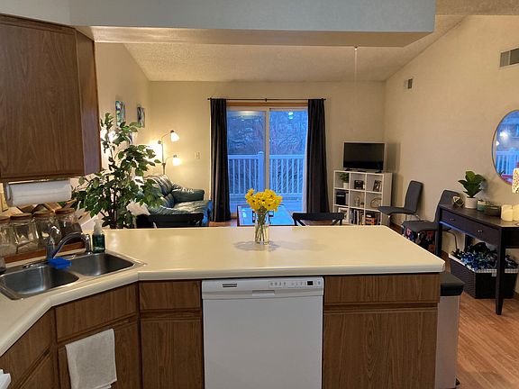 Kitchen opens to living room. Balcony with lake view can be seen through sliding doors.