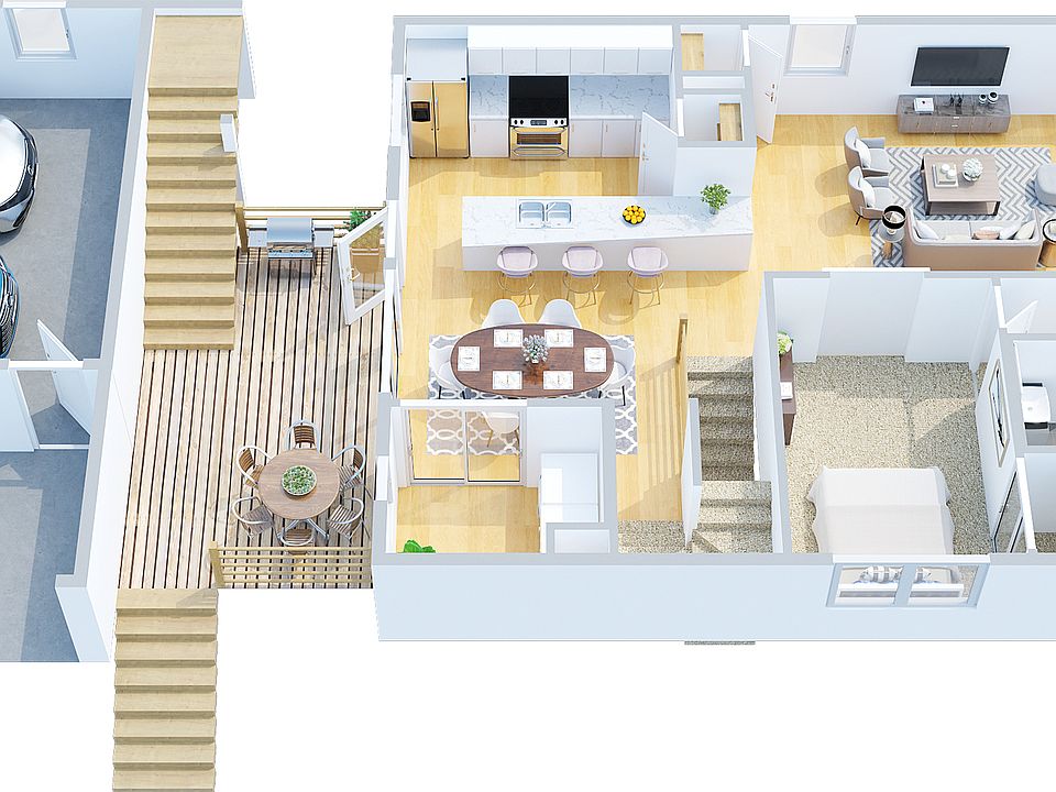 Main Floor 3D (kitchen, 2 bedrooms, living, bath, garage, decks)