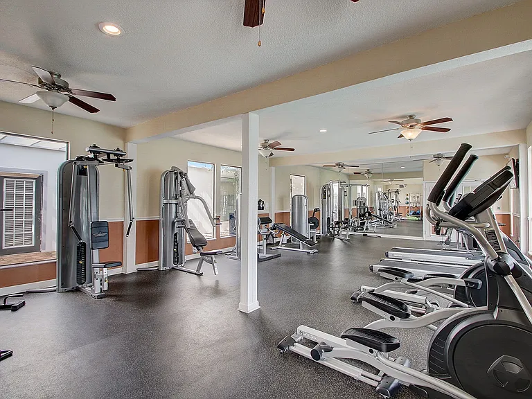 Modern fitness center with state-of-the-art equipment, spacious layout, and ample natural light.