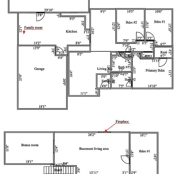 Floorplan 12759 W. Alabama Pl. Top main floor, bottom is the finished basement with walk out sliding door from the bonus room (same wall as fireplace) and under the watertight aluminum deck