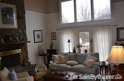 Sunken living room with fireplace