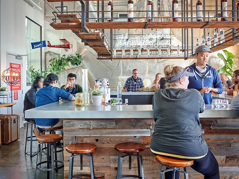 Cocktails in a repurposed aircraft hangar. Hanger 1 Distillery