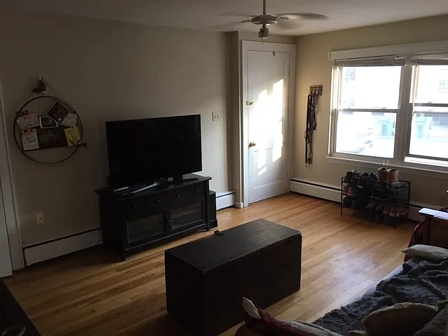 Bright and roomy living room. The apartment has hardwood floors.