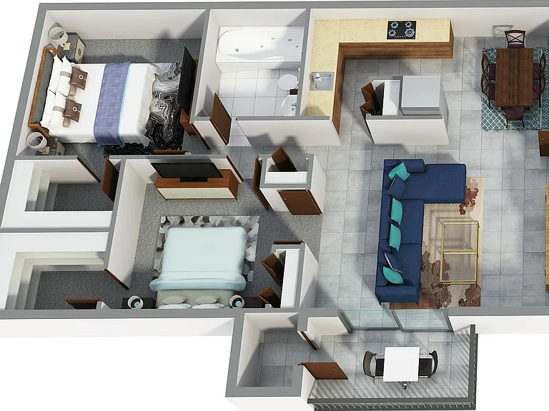 Two-Bedroom, One-Bathroom 3D Furnished Floor Plan Rendering Two-Bedroom, One-Bathroom 3D Furnished Floor Plan Rendering