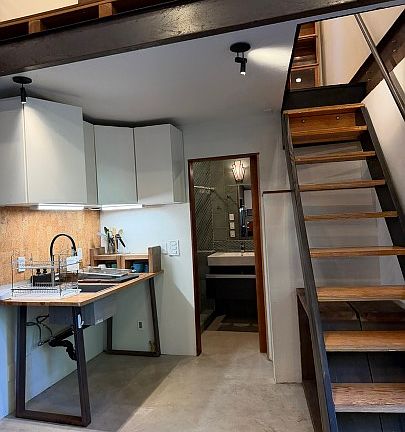 Kitchen, Bathroom Door, Stairs to Loft