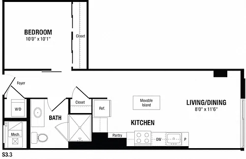 Floor plan Studio, 1 Bath 568 SF S33