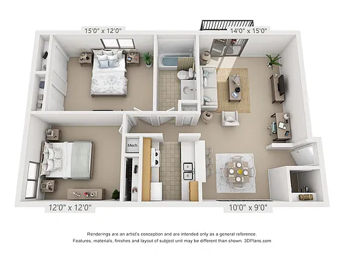 Floor plan 2 Bedroom, 1 Bath (Balcony)