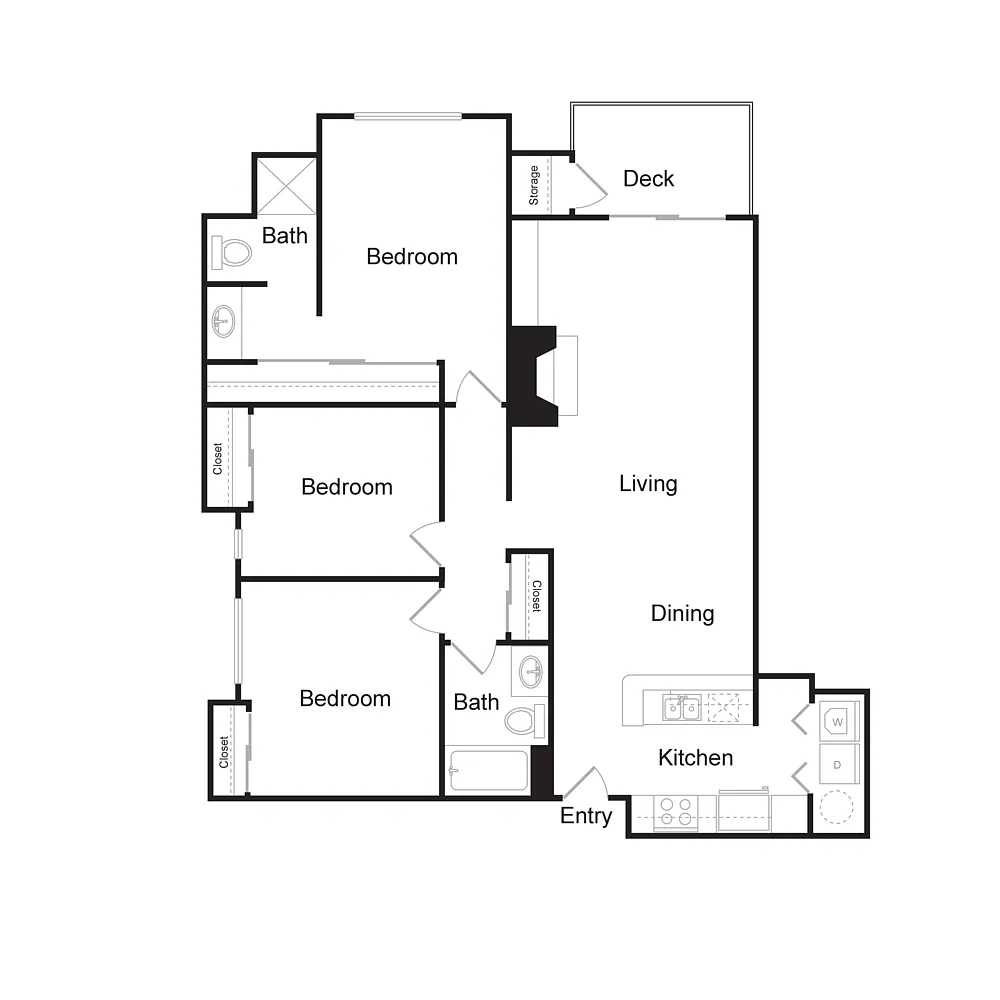 Floor plan Three Bedroom, Two Bathroom (1217 sq ft)