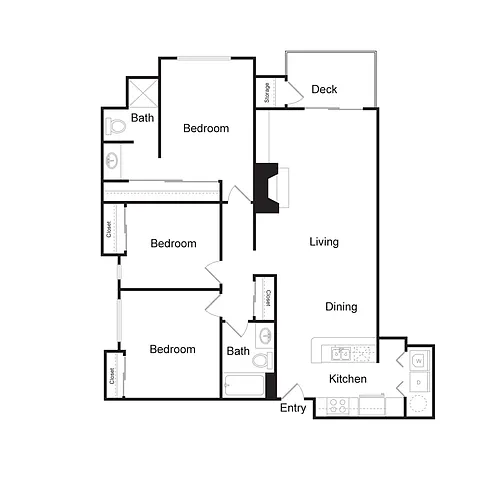 Floor plan Three Bedroom, Two Bathroom (1217 sq ft)