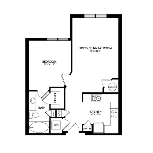 Floor plan 1 Bedroom, 1 Bath 697 SF A15B