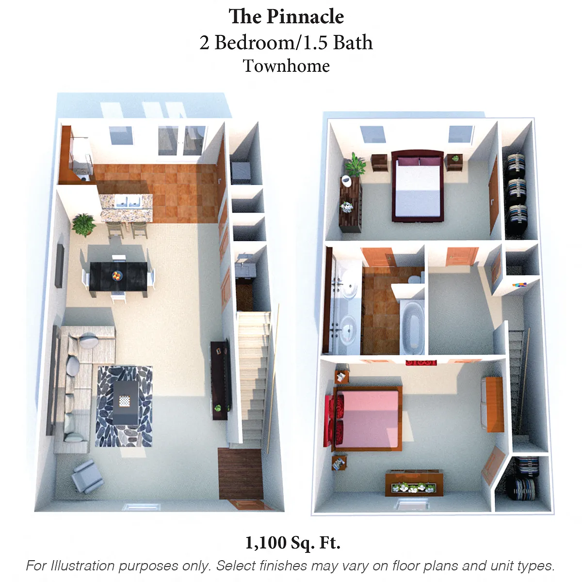 Floor plan The Pinnacle: 2 Bed, 1.5 Bath Townhome