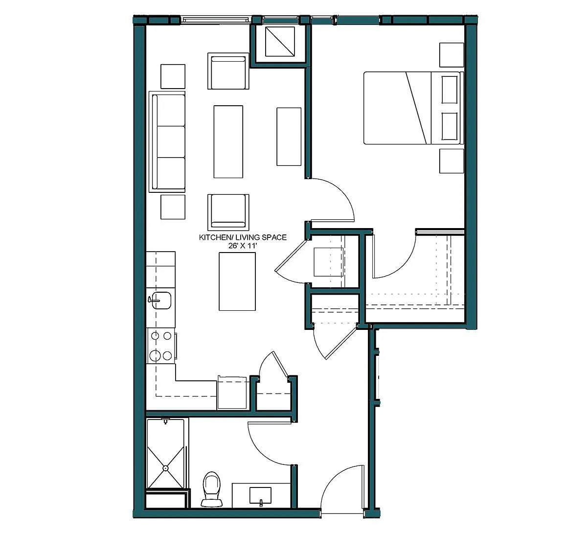 Floor plan 1 Bed/1 Bath-B2B