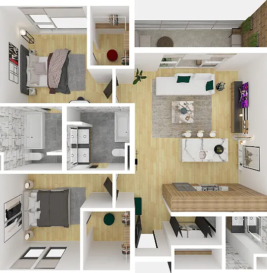 2 Bedroom 2.5 Bathroom A-D Floorplan Diagram